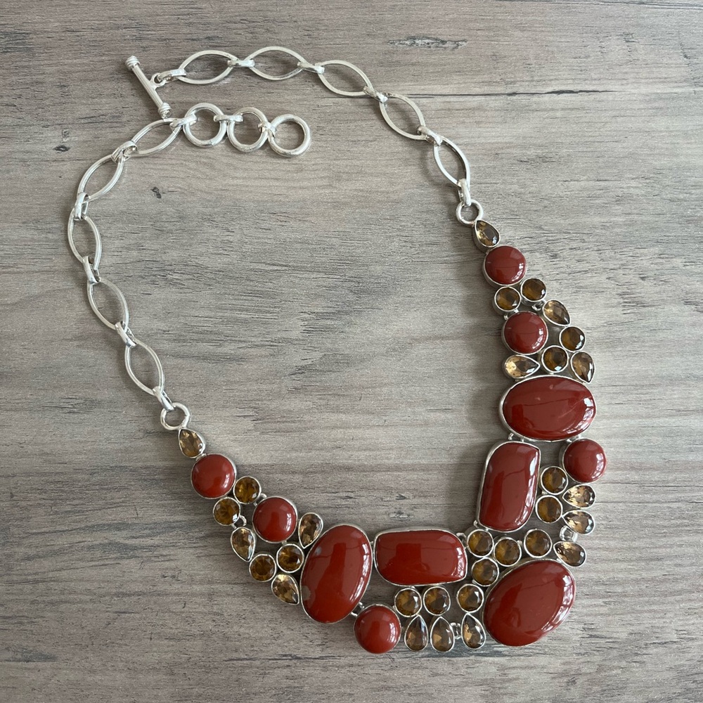 Red Jasper and Smokey Quartz 925 Sterling Silver Necklace